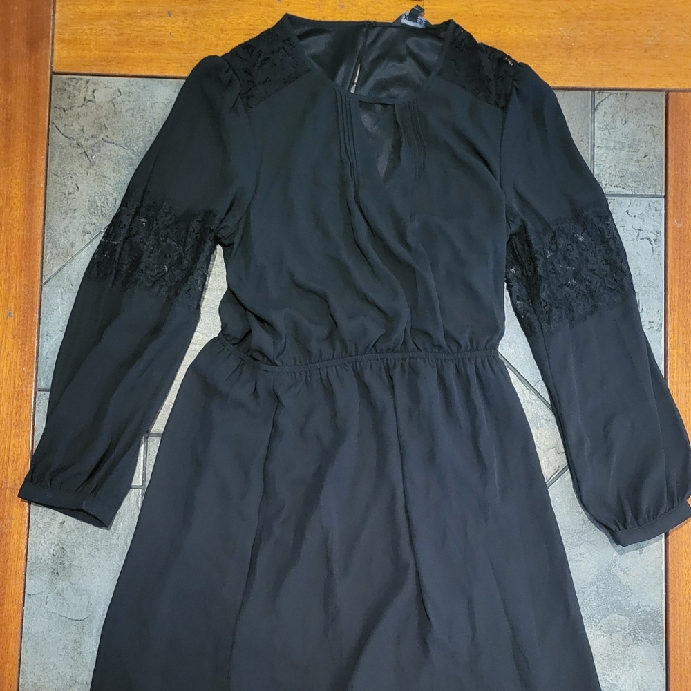 Express Black Long Sleeve Dress with Lace Detail